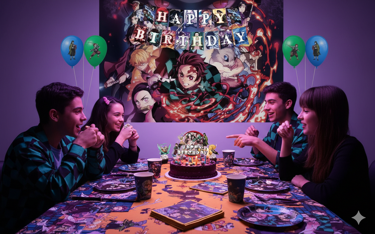 Gâteau et décoration anniversaire Demon Slayer avec Tanjiro, Nezuko, Zenitsu et Inosuke