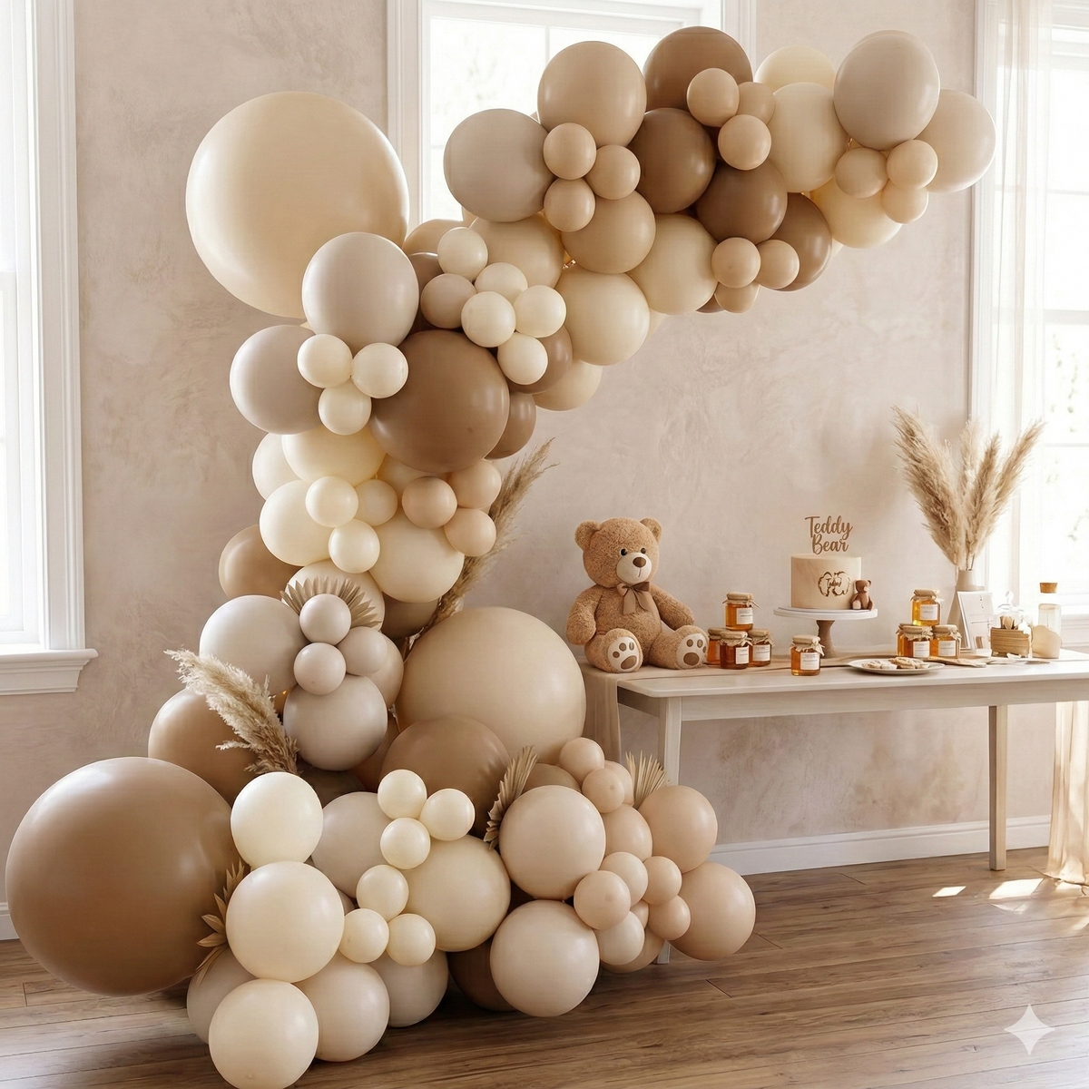 Arche de ballons bohème nude, moka et ivoire pour une baby shower thème nounours