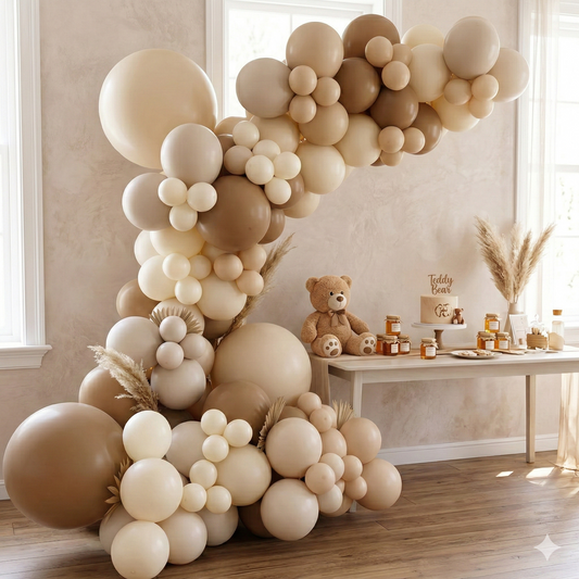 Arche de ballons bohème nude, moka et ivoire pour une baby shower thème nounours