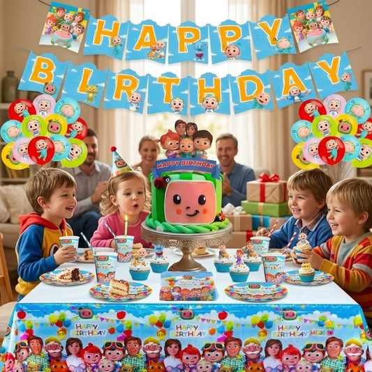 Fête d'anniversaire d'enfant sur le thème Cocomelon avec gâteau et décoration colorée