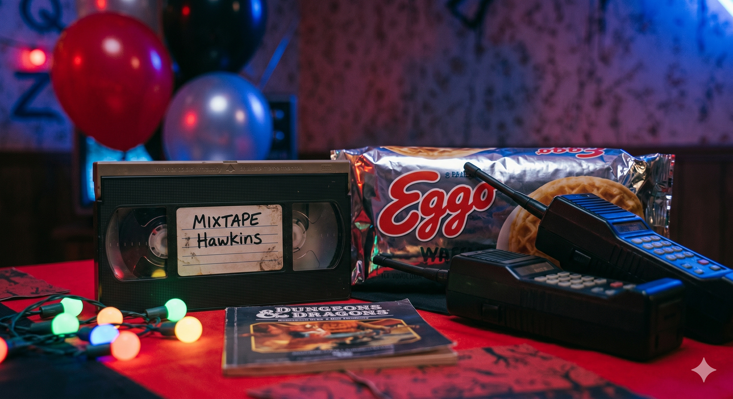 Accessoires rétro des années 80 utilisés pour la décoration d'une fête Stranger Things : cassette VHS, talkies-walkies et gaufres Eggo.
