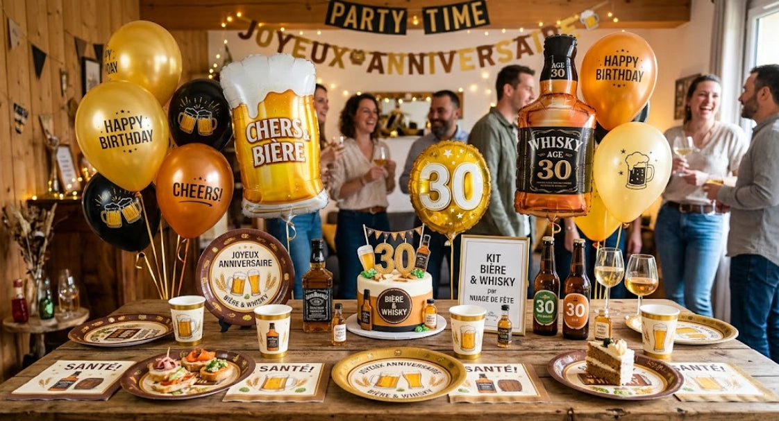 Vaisselle éphémère et ballons thématiques du kit anniversaire bière et whisky de la boutique Nuage de Fête.