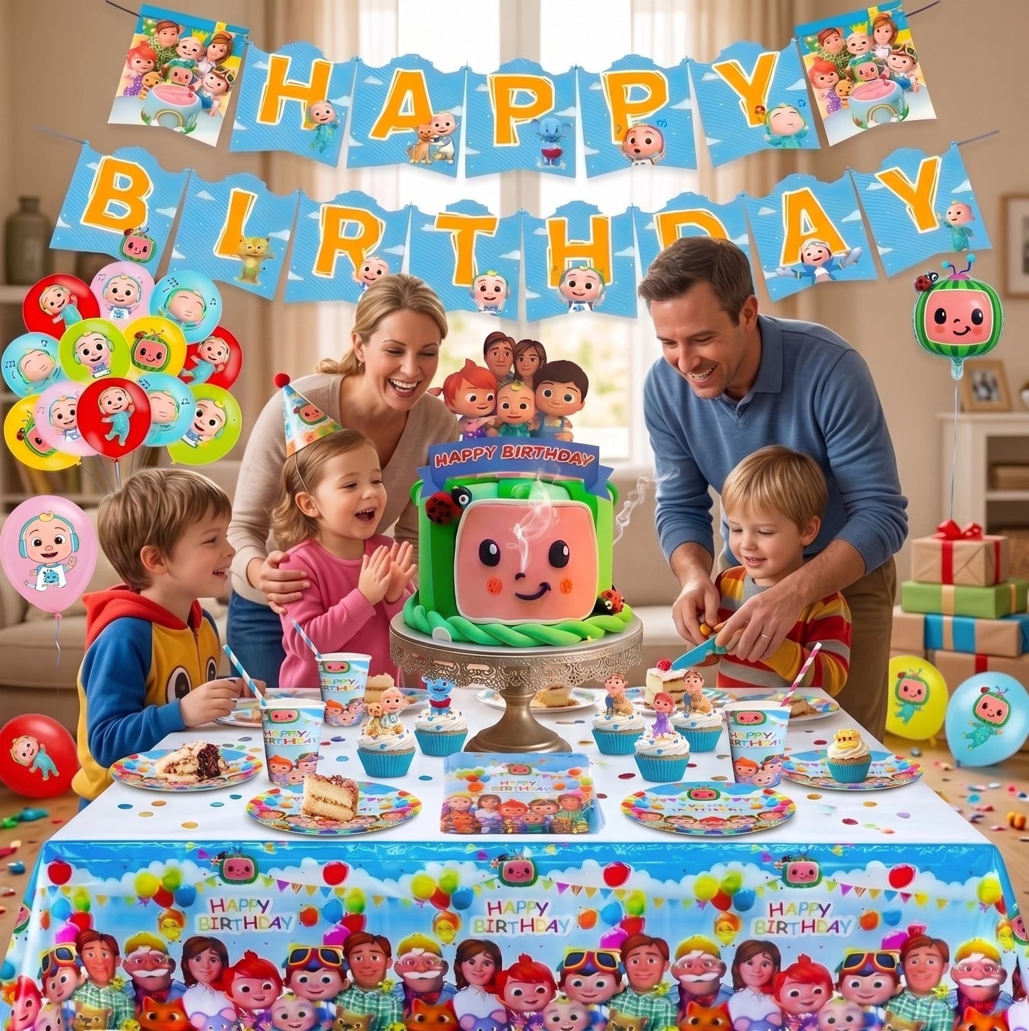 Enfants ravis profitant d'un goûter d'anniversaire Cocomelon avec gobelets, assiettes et décorations de table assorties.