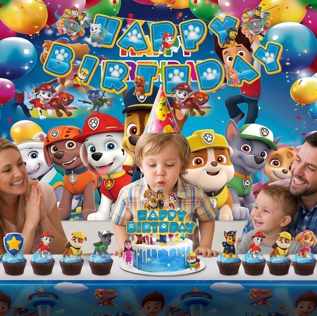 Un jeune enfant soufflant sa bougie d'anniversaire entouré de sa famille devant le grand poster mural décoratif Pat Patrouille et une table de fête bien garnie.