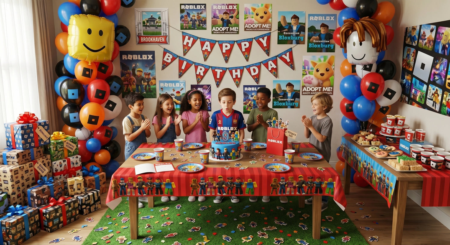 Une table d'anniversaire Roblox bien dressée pour une fête de 9 ans, avec un gâteau décoré, des ballons assortis, une bannière "Happy Birthday" et de la vaisselle sur le thème de Roblox.