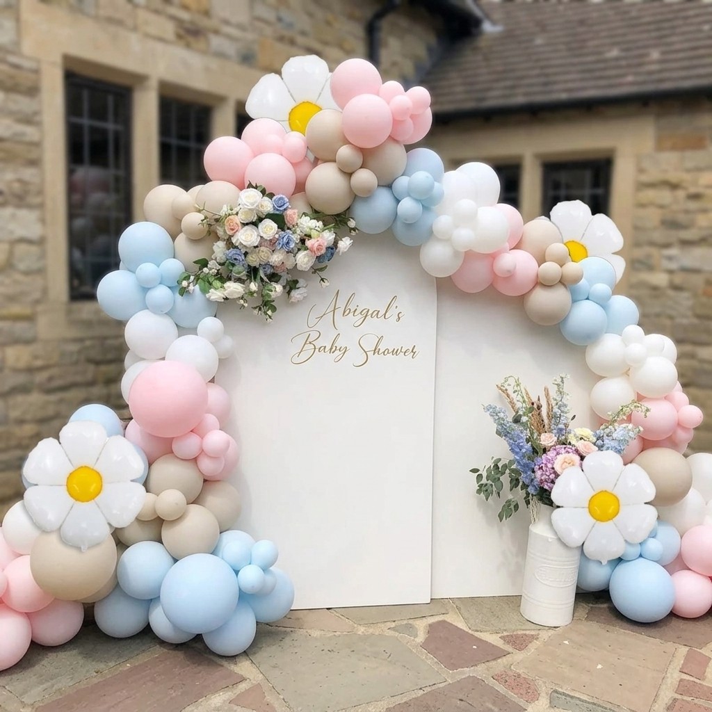 Arche de ballons pastel rose, bleu et beige avec grandes fleurs marguerites blanches pour décoration de baby shower ou anniversaire.