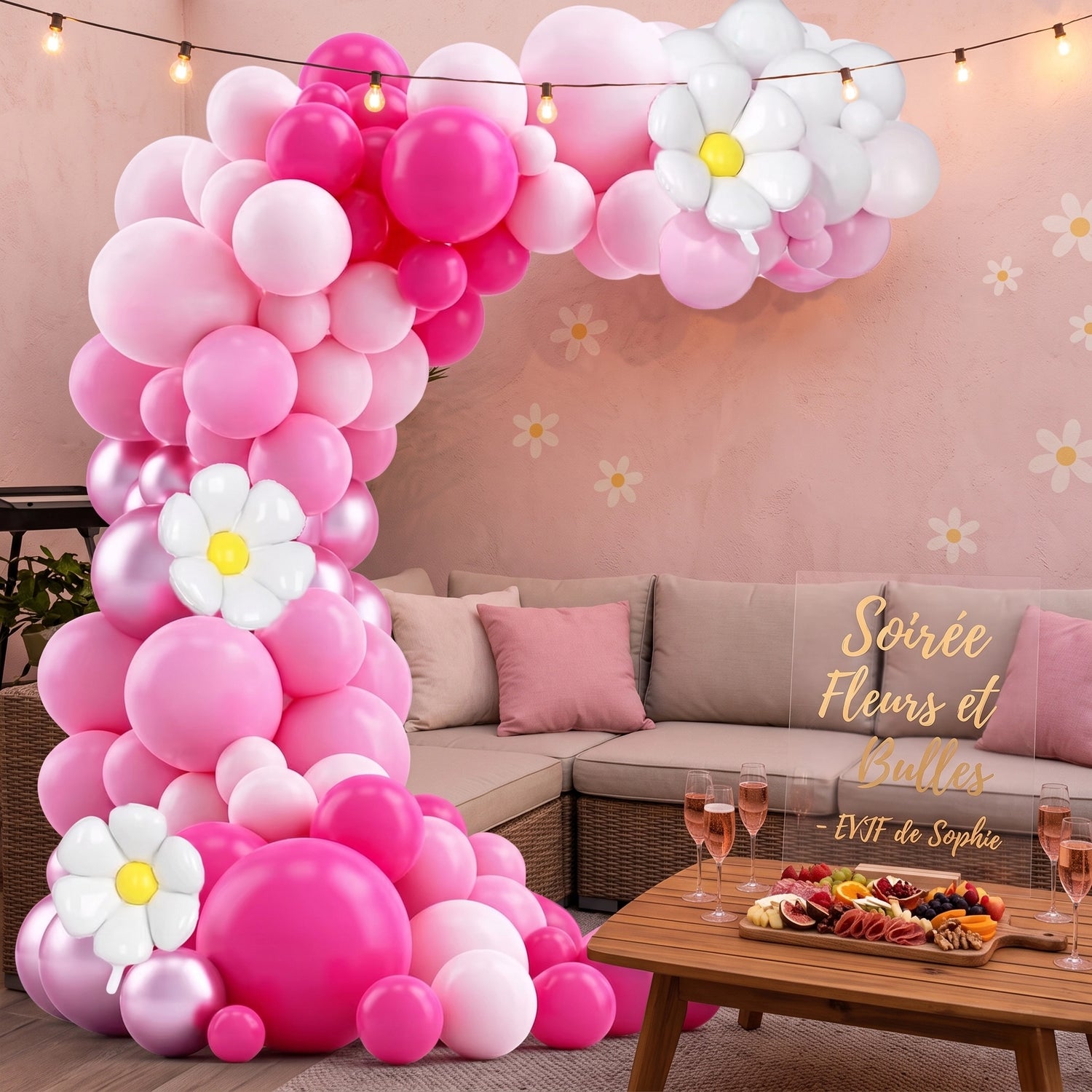 Arche de ballons rose et marguerite installée en extérieur dans un jardin pour une Baby Shower. Elle encadre un buffet de desserts et un panneau en bois personnalisé 'Bienvenue à la Baby Shower de Chloé - C'est une Fille !