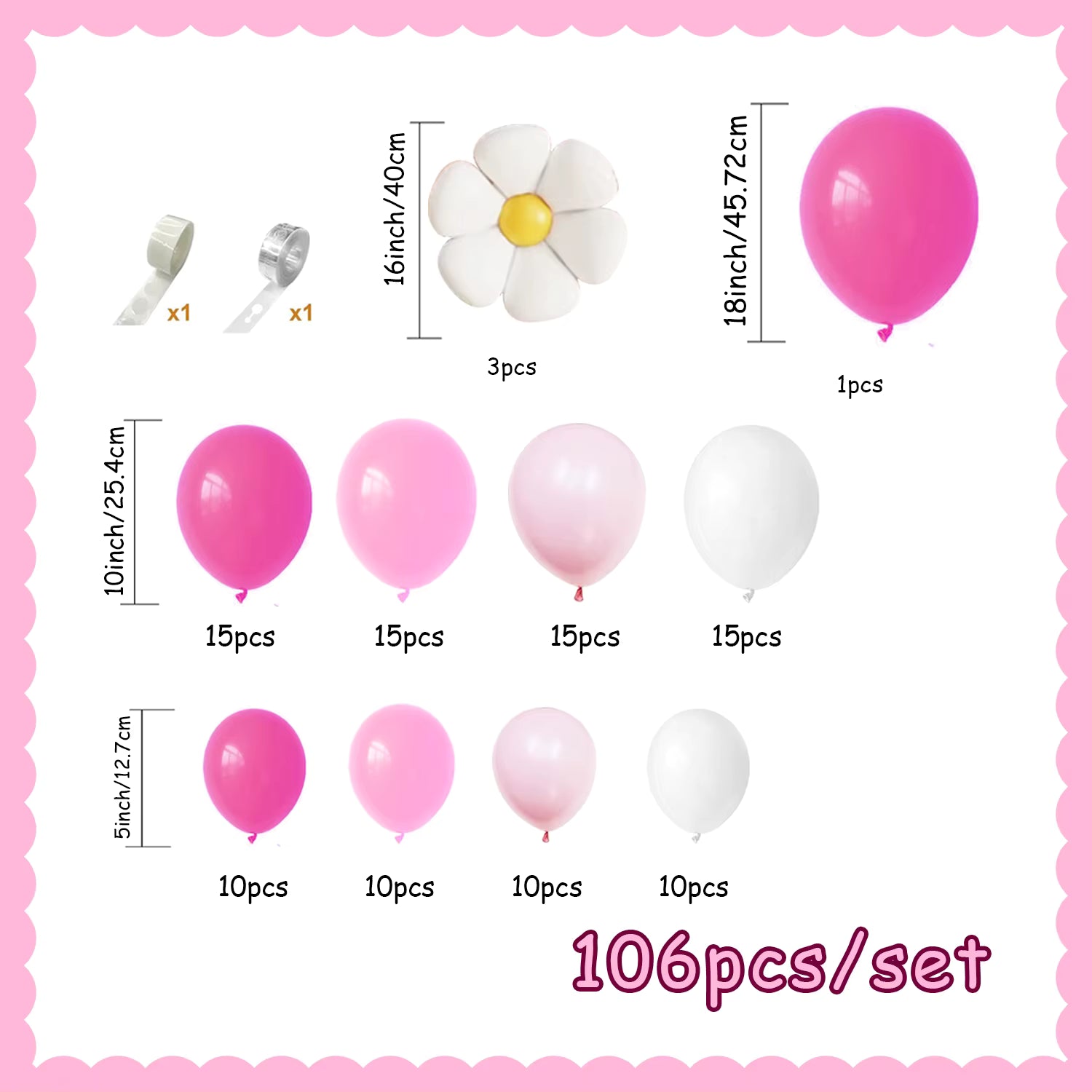 Illustration détaillée du contenu du kit d'arche de ballons de 106 pièces : 3 ballons marguerite aluminium, 1 ballon fuchsia géant 18 pouces, assortiments de ballons 10 pouces et 5 pouces en fuchsia, rose, rose pastel, blanc, et accessoires de montage.