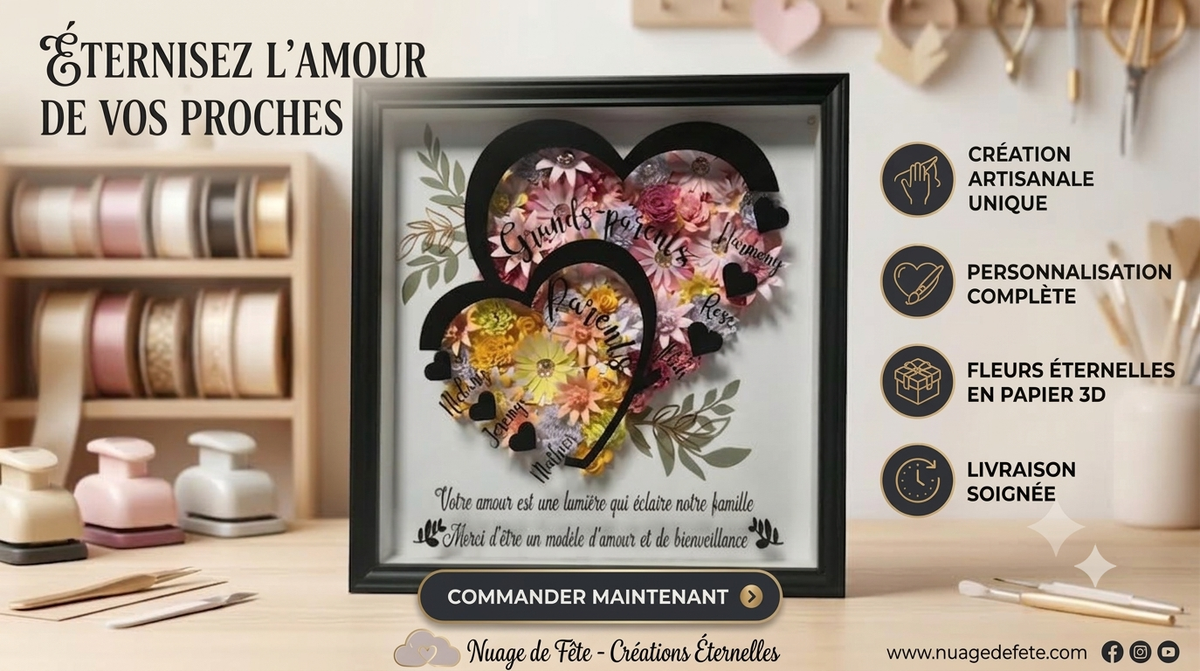 Cadre 3D noir en fleurs éternelles de papier avec deux cœurs personnalisés aux prénoms de la famille, posé sur une console en bois