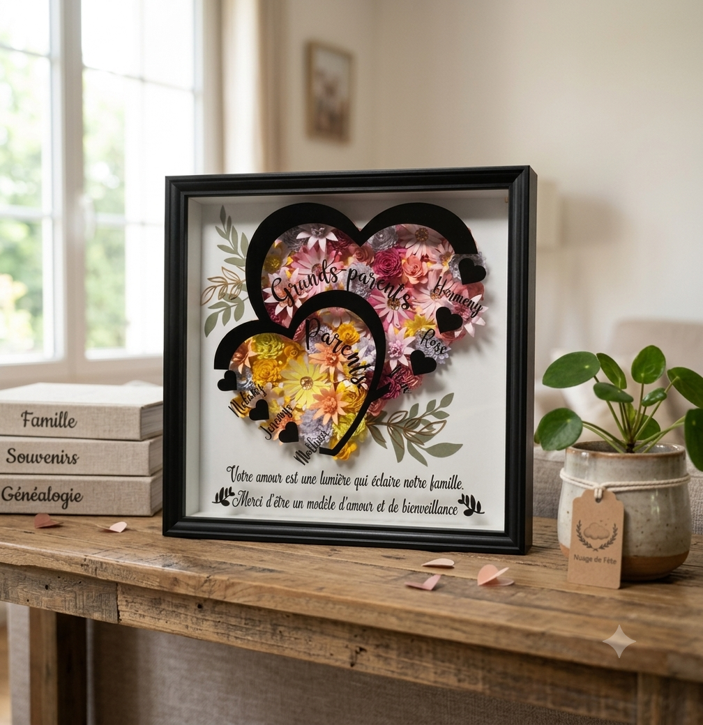 Détails du cadre fleurs éternelles personnalisé : fleurs en papier faites main, prénoms des grands-parents, parents et enfants, et variantes de modèles