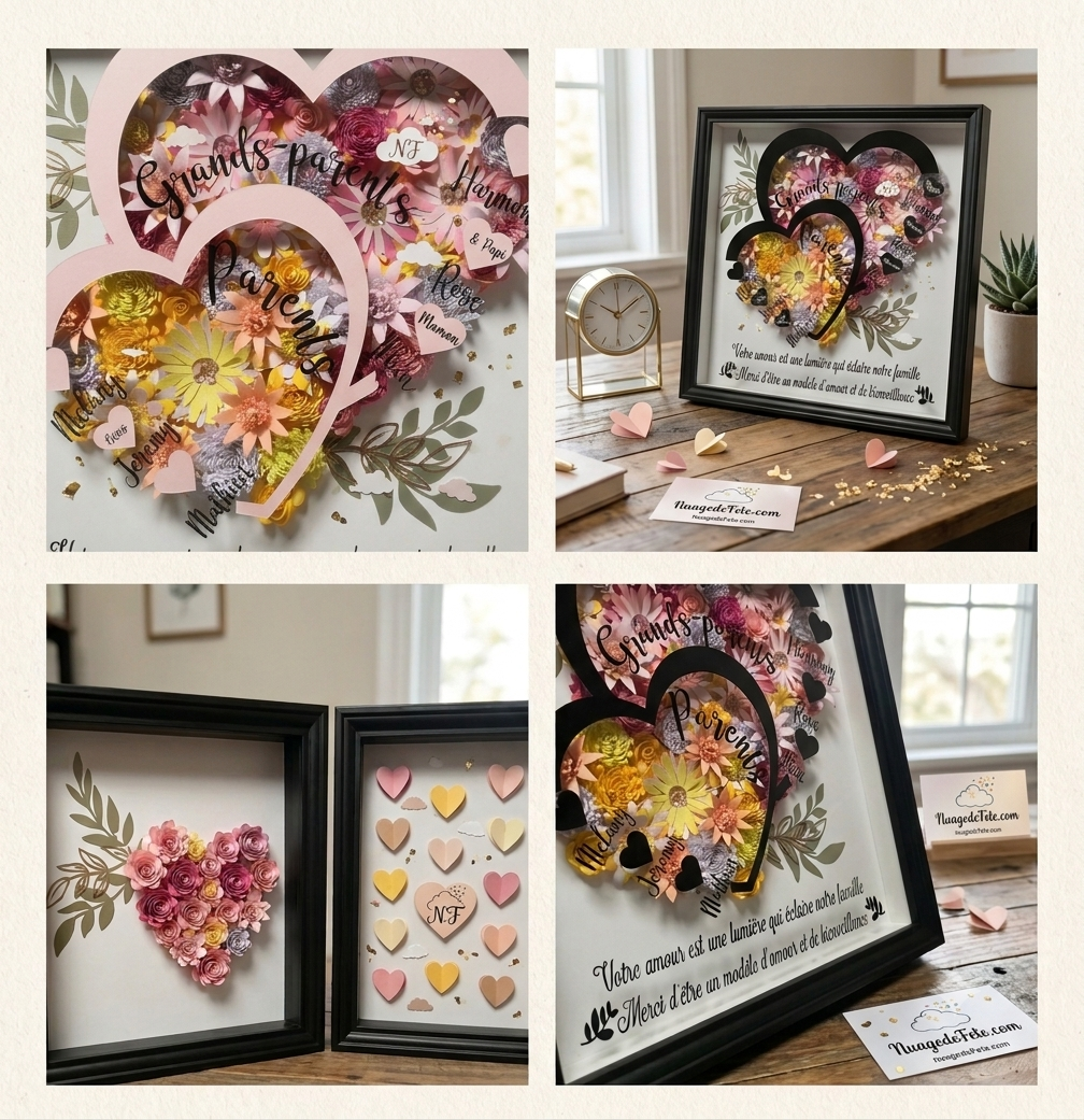 Bannière Nuage de Fête présentant le cadre 3D fleurs éternelles personnalisé : création artisanale, personnalisation complète et livraison soignée