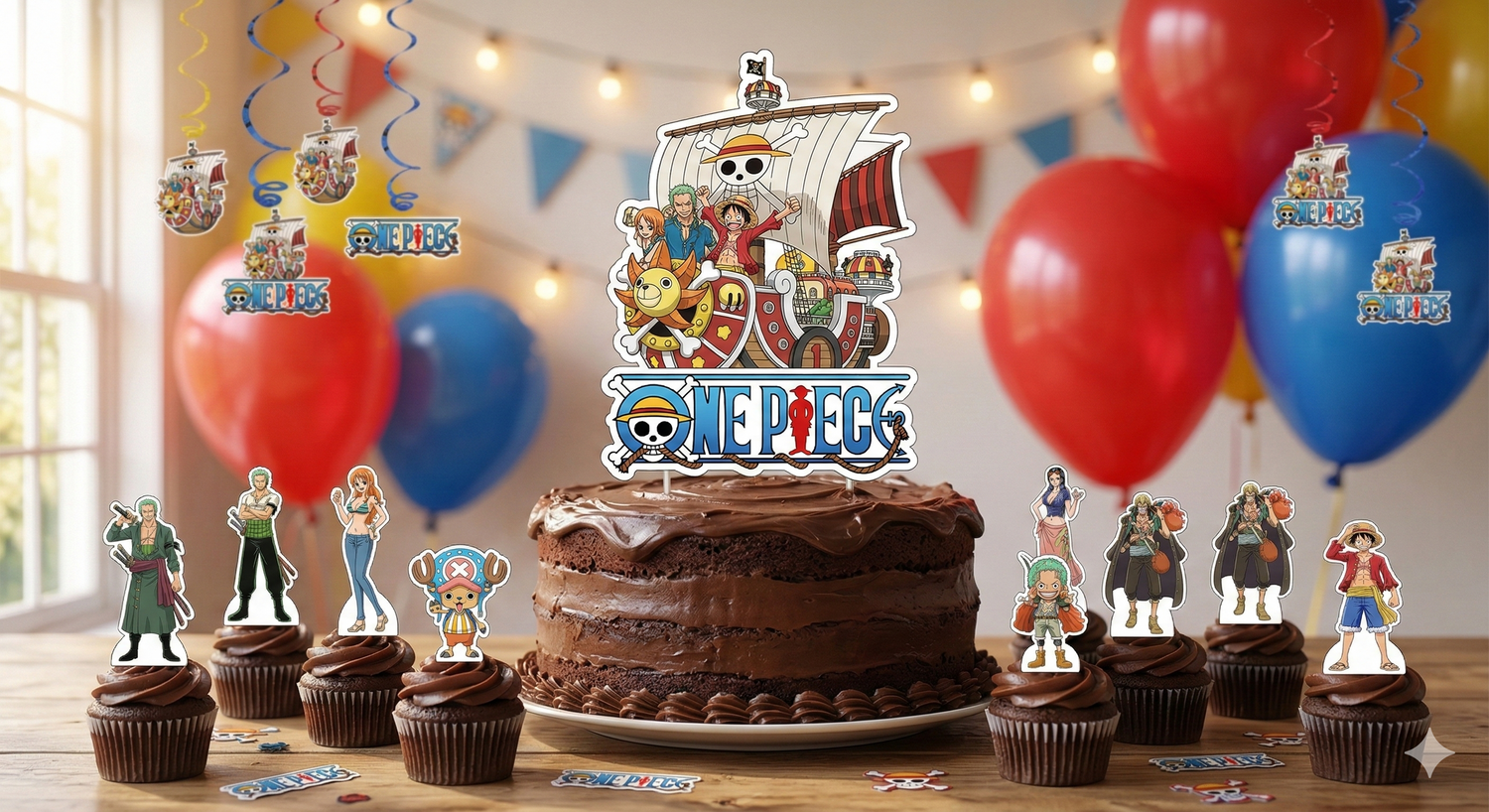 Cake topper One Piece et mini pics décoratifs sur un gâteau d'anniversaire thème pirate manga.