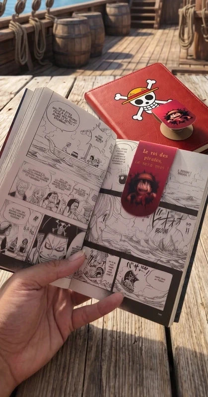 Collection de 5 marque-pages magnétiques 3D One Piece avec Luffy, Zoro, Nami, Chopper et Usopp et leurs citations cultes.