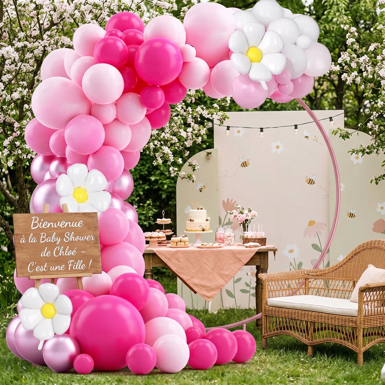 Arche de ballons fuchsia, rose et marguerite se déployant au-dessus d'un canapé en rotin sur une terrasse lounge pour un EVJF. Un panneau acrylique personnalisé indique 'Soirée Fleurs et Bulles - EVJF de Sophie'. Des verres de rosé et un plateau sont sur la table.