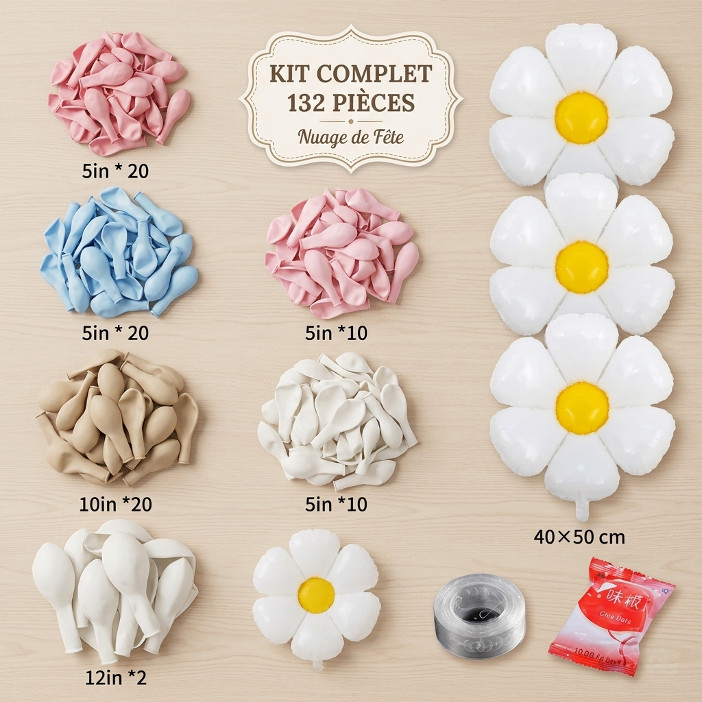 Détail des 132 pièces du kit : ballons de différentes tailles, marguerites géantes, points de colle et chaîne de montage.