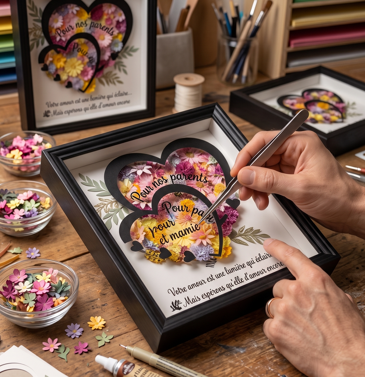 Gros plan des grands-parents assis sur un canapé, tenant le cadre shadow box noir déballé avec le papier d'emballage froissé. La grand-mère sourit, surprise et émue, une main sur sa bouche. Le grand-père sourit largement. Ils regardent l'œuvre d'art 3D en fleurs de papier avec des noms calligraphiés.