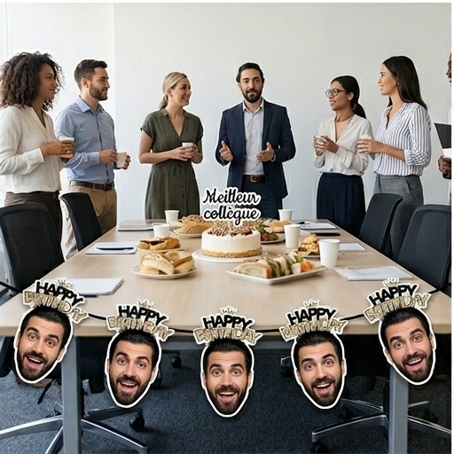 Guirlande humoristique personnalisée avec la photo d'un collègue suspendue lors d'un pot de départ au bureau.
