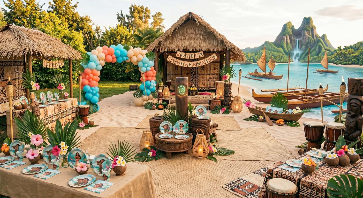 Vue d'ensemble d'une décoration d'anniversaire Vaiana immersive recréant l'île de Motunui en extérieur, avec une plage de sable, des huttes polynésiennes, une arche de ballons tropicaux et des tables de fête décorées.
