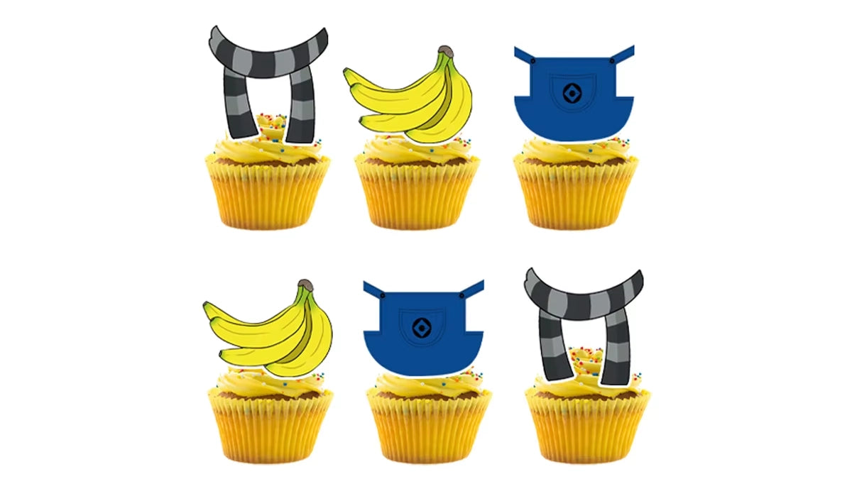 Six cupcakes surmontés de petites décorations en carton (cake toppers) reprenant les symboles des Minions : un régime de bananes, une salopette et une écharpe rayée.