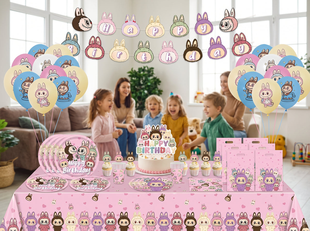 Vue rapprochée de la vaisselle jetable et de la décoration d'anniversaire thème Labubu avec assiettes, verres, guirlande Happy Birthday et ballons colorés.