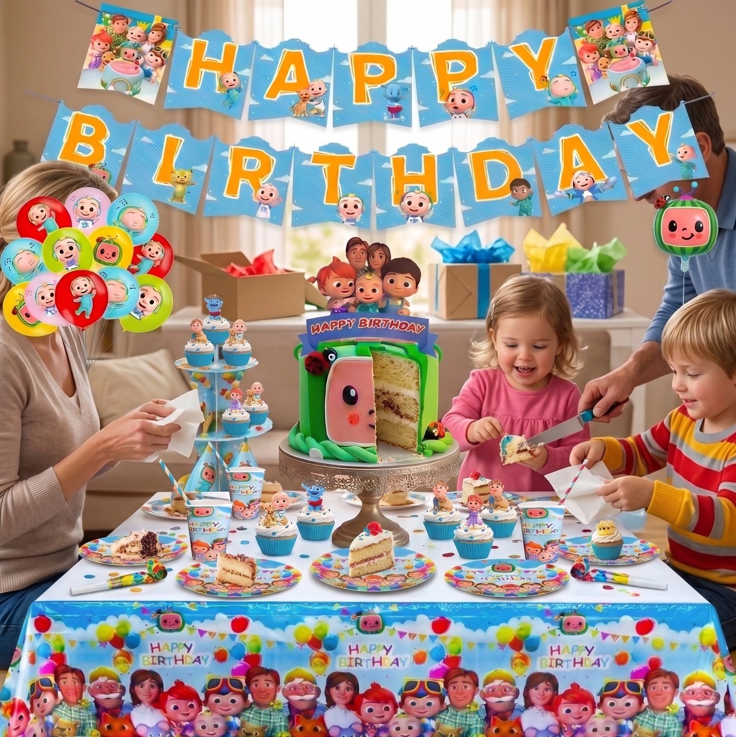 Famille célébrant un anniversaire d'enfant autour d'une table festive décorée avec le kit complet sur le thème Cocomelon.