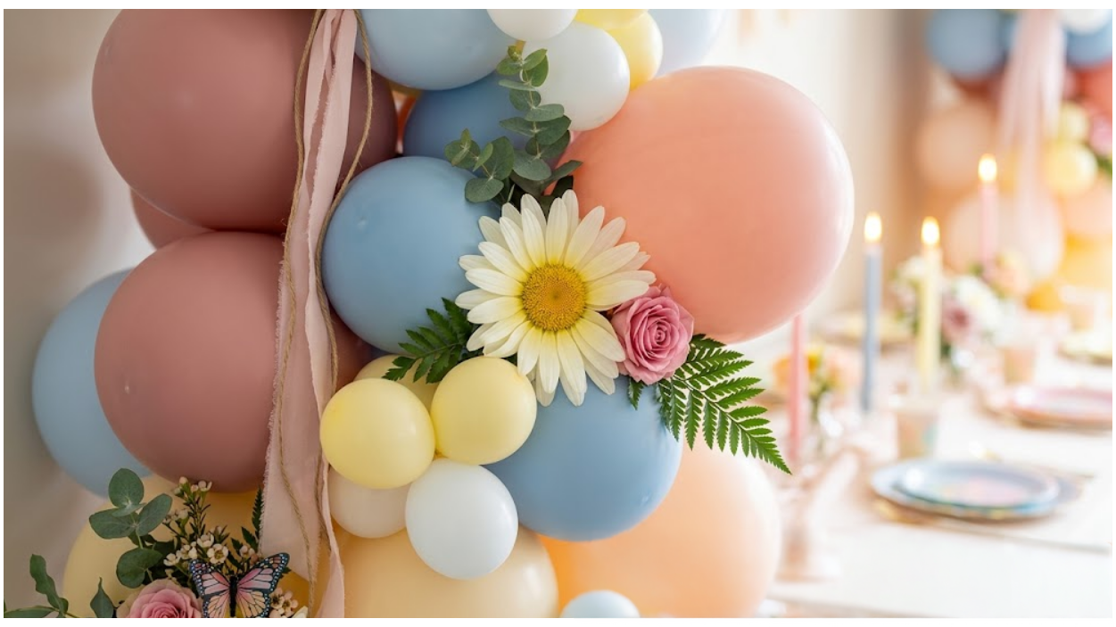 Mise en scène d'une table d'anniversaire sous une arche de ballons marguerite pastel, style moderne et épuré Nuage de Fête.