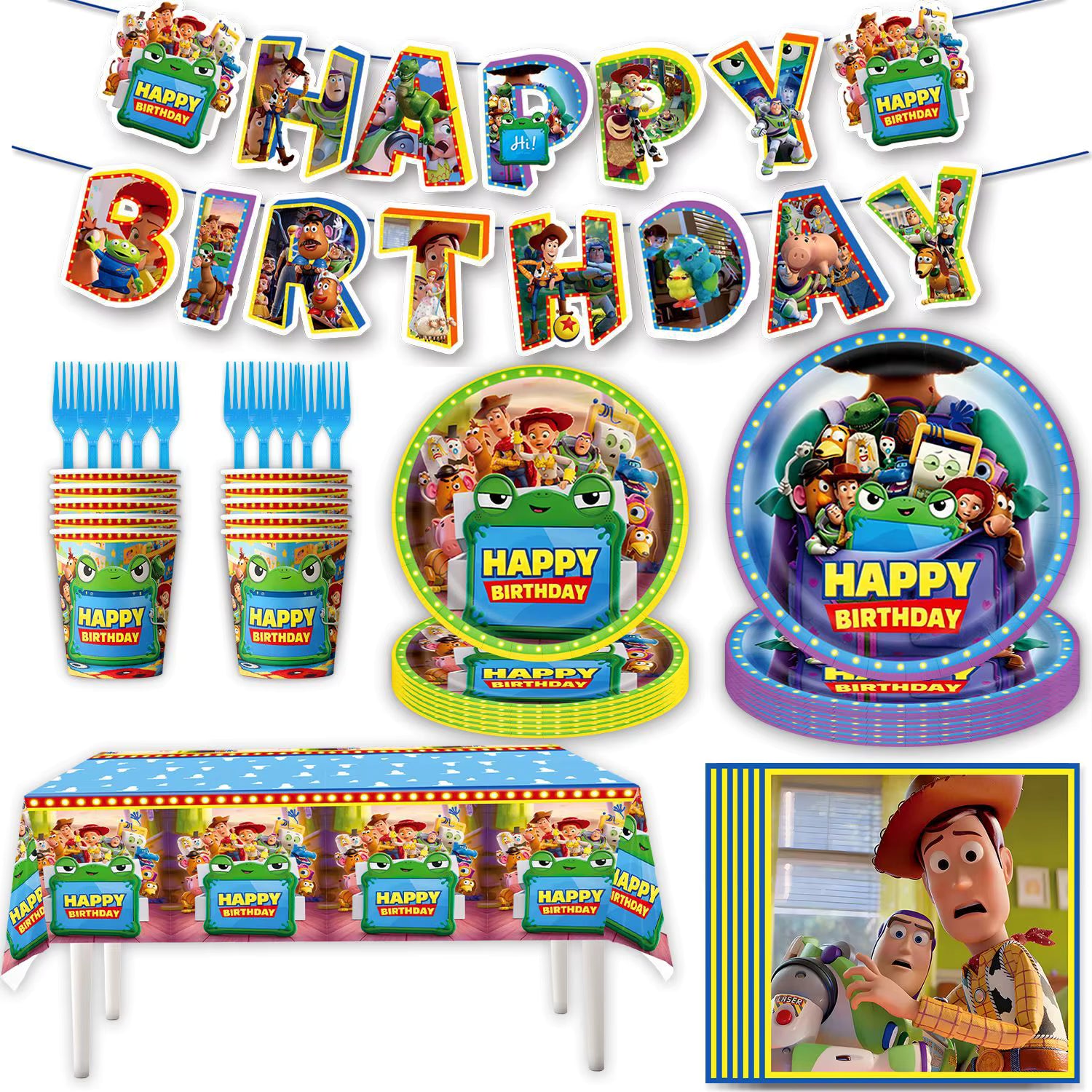 Détail des accessoires du kit d'anniversaire : grandes et petites assiettes en carton, gobelets assortis, couverts bleus, nappe et banderole de fête.