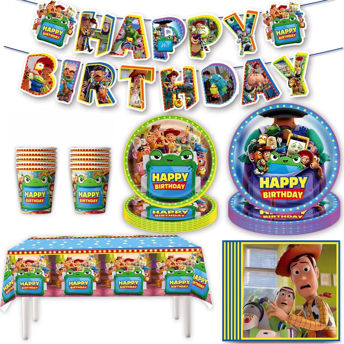 Détail des accessoires du kit d'anniversaire : grandes et petites assiettes en carton, gobelets assortis, couverts bleus, nappe et banderole de fête.