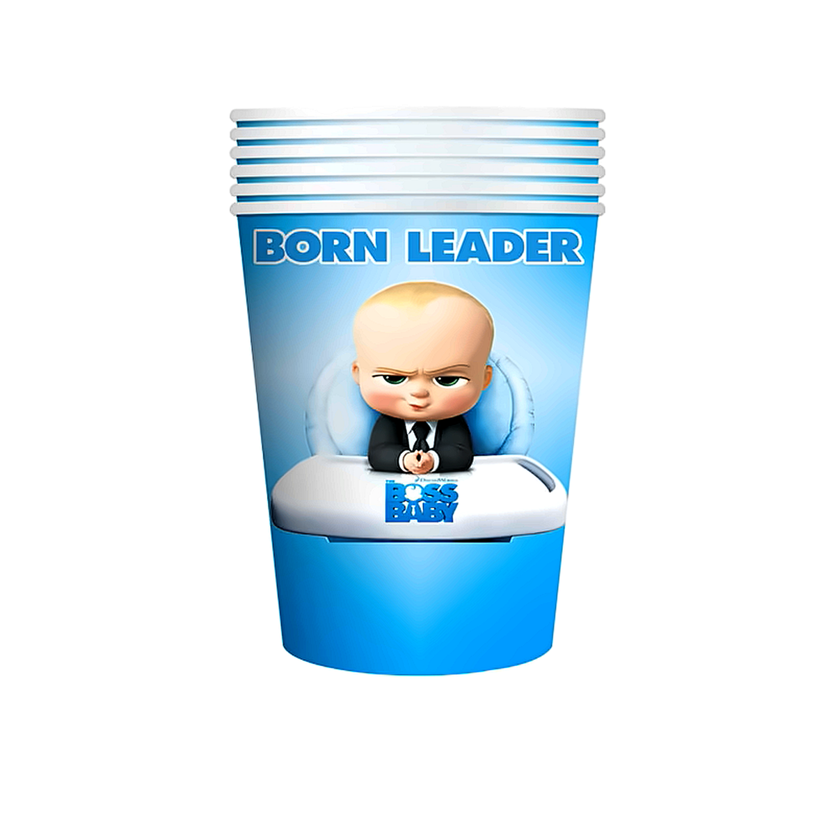 Lot de 10 gobelets en carton bleu sur le thème Baby Boss avec l'inscription Born Leader, parfaits pour la décoration de table d'un anniversaire de garçon.