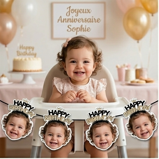 Mise en situation d'une guirlande d'anniversaire personnalisée avec le visage d'un bébé sur une chaise haute.