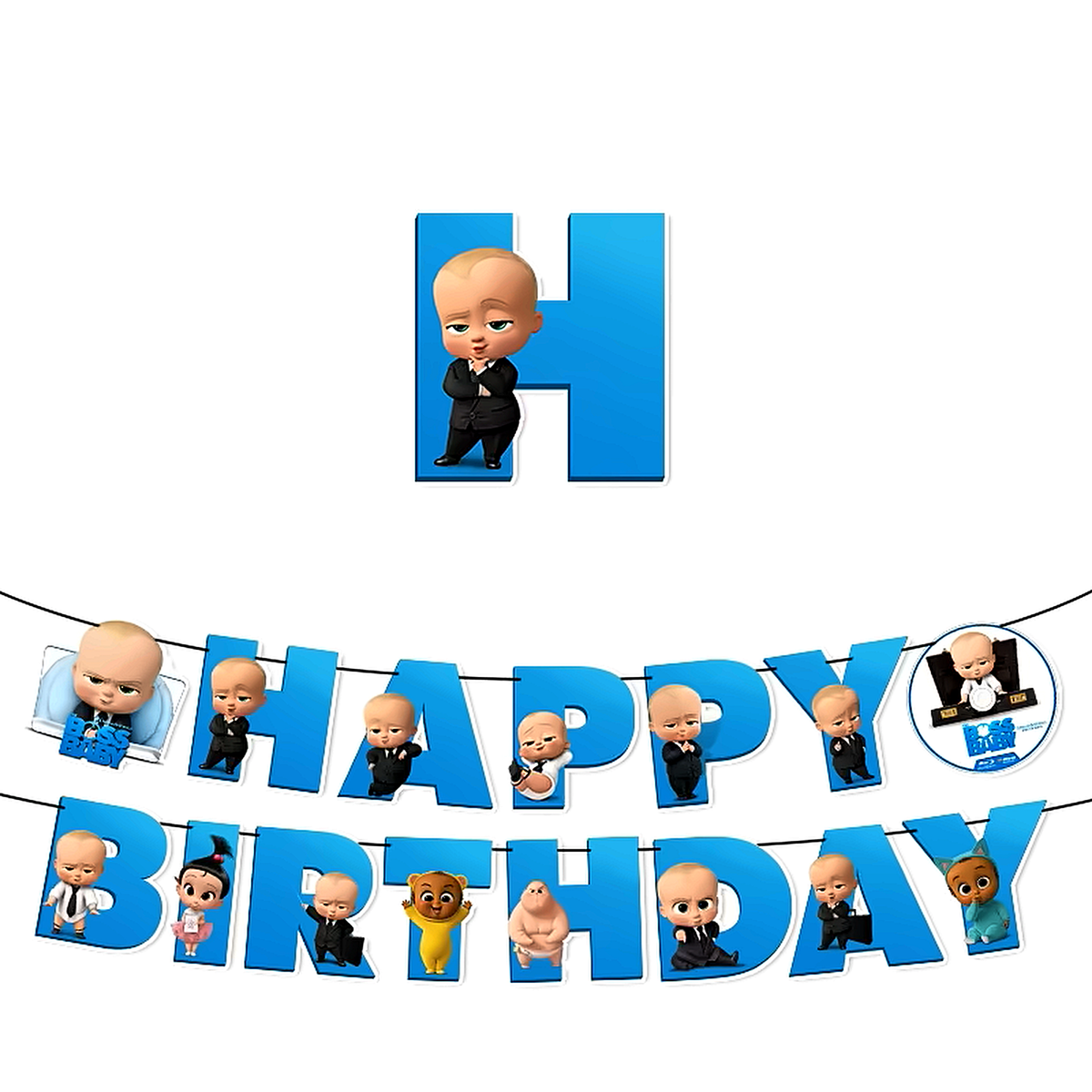 Guirlande articulée Happy Birthday composée de lettres bleues et illustrée avec les personnages du film d'animation Baby Boss, pour la décoration murale d'une fête d'enfant.