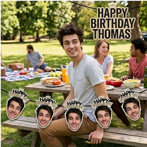 Guirlande personnalisée Happy Birthday Thomas installée en extérieur pour une fête d'anniversaire entre amis.