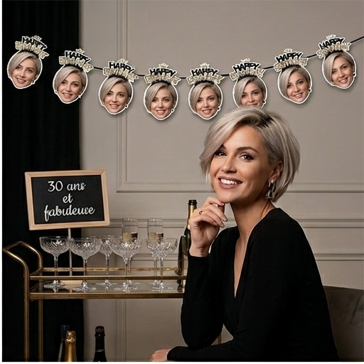 Décoration d'anniversaire 30 ans avec une guirlande personnalisée de visages et un bar à cocktails.