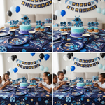Kit de décoration d'anniversaire Astro Bot avec ballons bleus, nappe spatiale et vaisselle thématique pour enfant.