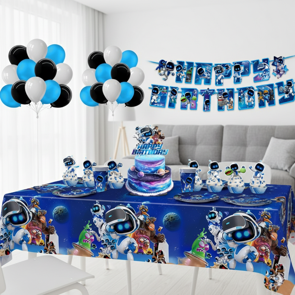 Mise en situation d'un kit anniversaire Astro Bot sur une table décorée avec nappe galaxie, assiettes, gobelets et ballons bleus.