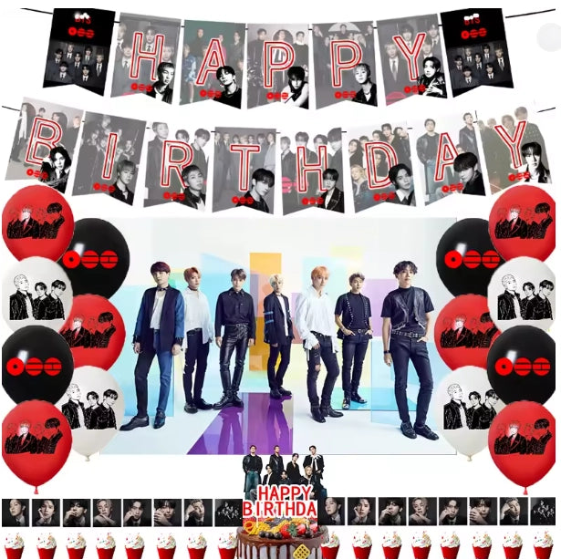 Kit complet de décoration d'anniversaire sur le thème du groupe de K-pop BTS, comprenant une banderole "Happy Birthday" avec les portraits des membres, des ballons rouges, noirs et blancs logotés, une affiche de fond de scène, un grand cake topper et des petits toppers pour cupcakes.  