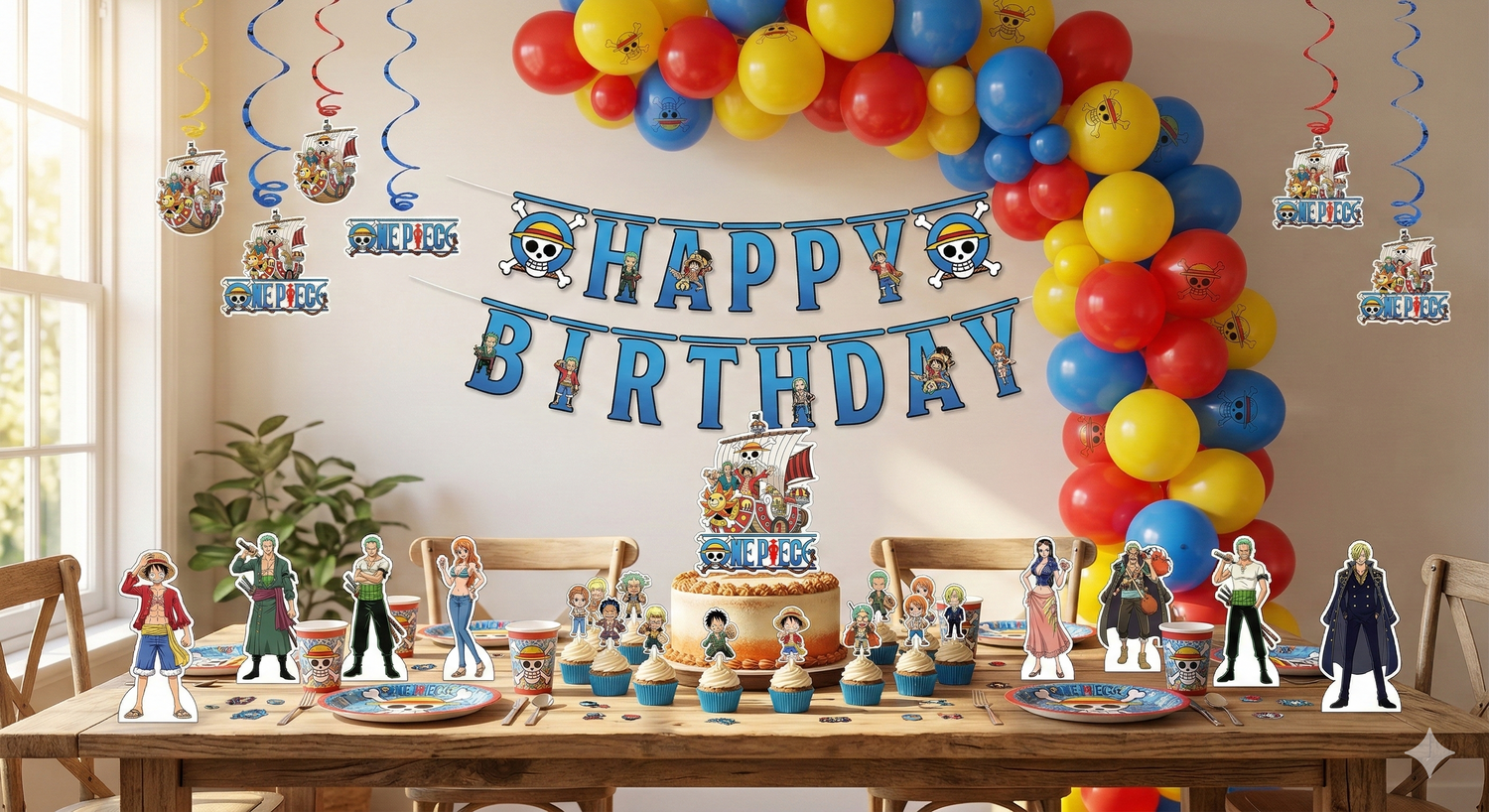 Kit de décoration anniversaire One Piece complet avec ballons, guirlande joyeux anniversaire et accessoires pour gâteau.