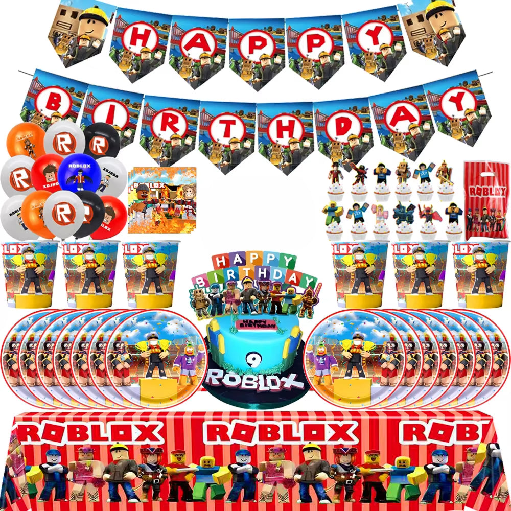 Un collage promotionnel présentant les éléments d'un kit complet de fête d'anniversaire Roblox de 103 pièces, comprenant bannières, nappes, ballons, gâteau décoré, assiettes, gobelets, serviettes, pics à gâteau et un sac-cadeau.