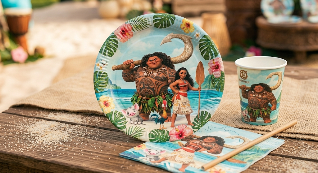 Gros plan sur la vaisselle de fête du kit anniversaire Vaiana, montrant des assiettes et gobelets avec des illustrations détaillées de Maui, Pua et Moana sur une table à la décoration tropicale.
