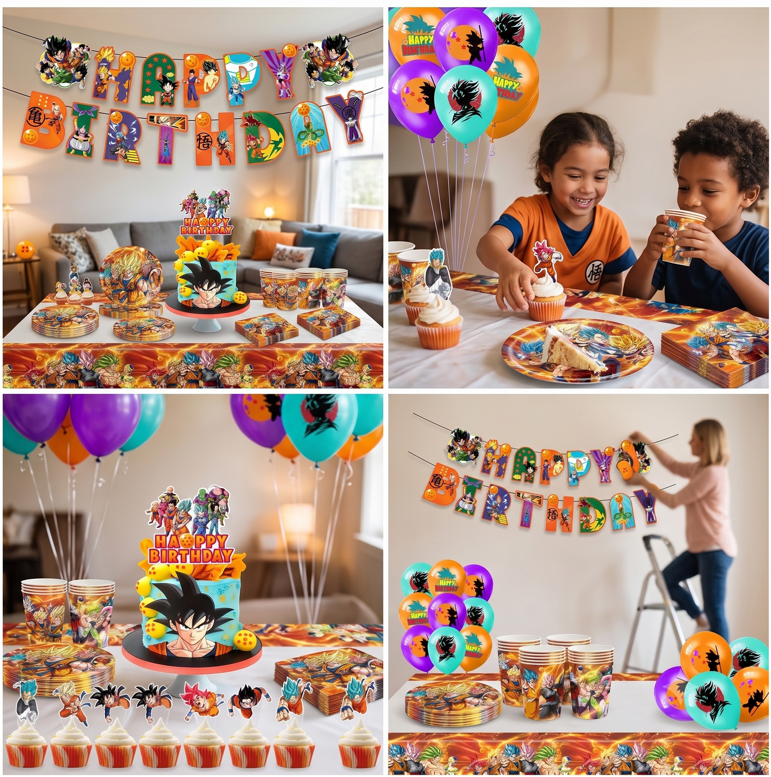 Une mosaïque de quatre photos montrant le kit de décoration d'anniversaire Dragon Ball Super en situation réelle. Les panneaux incluent une vue d'ensemble d'un salon décoré, deux enfants souriants assis à une table décorée et utilisant les gobelets et cupcakes, un gros plan du gâteau et des cupcakes avec leurs toppers de personnages, et une vue de l'installation de la banderole et des ballons sur le mur.