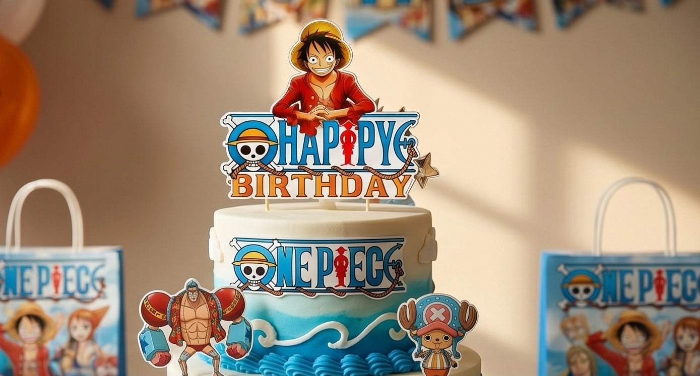 Gros plan sur un gâteau d'anniversaire bleu et blanc décoré avec un topper "Happy Birthday" et des figurines en carton de Luffy et son équipage de One Piece.