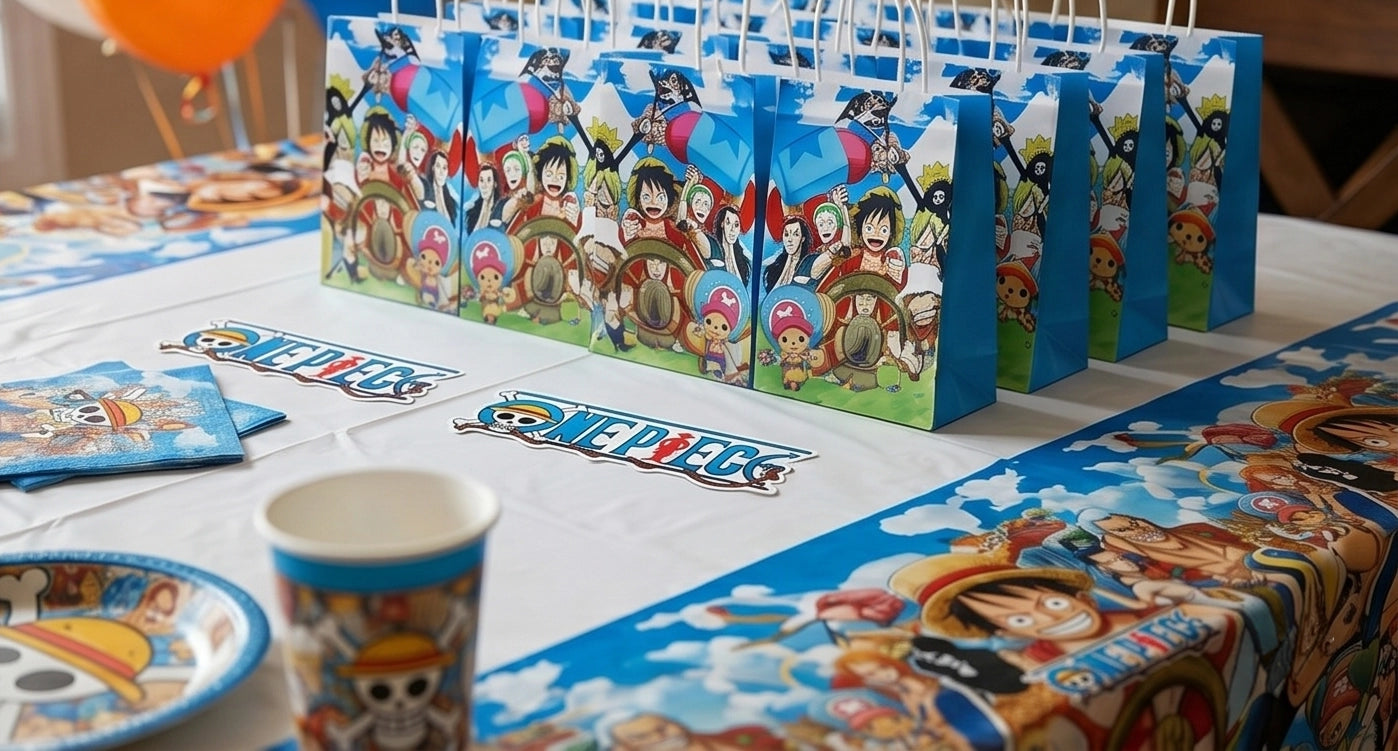 Montage de quatre photos illustrant une fête d'anniversaire sur le thème One Piece : un gâteau décoré, des enfants déguisés recevant des cadeaux, des ballons à l'effigie des personnages, et une table de fête dressée.