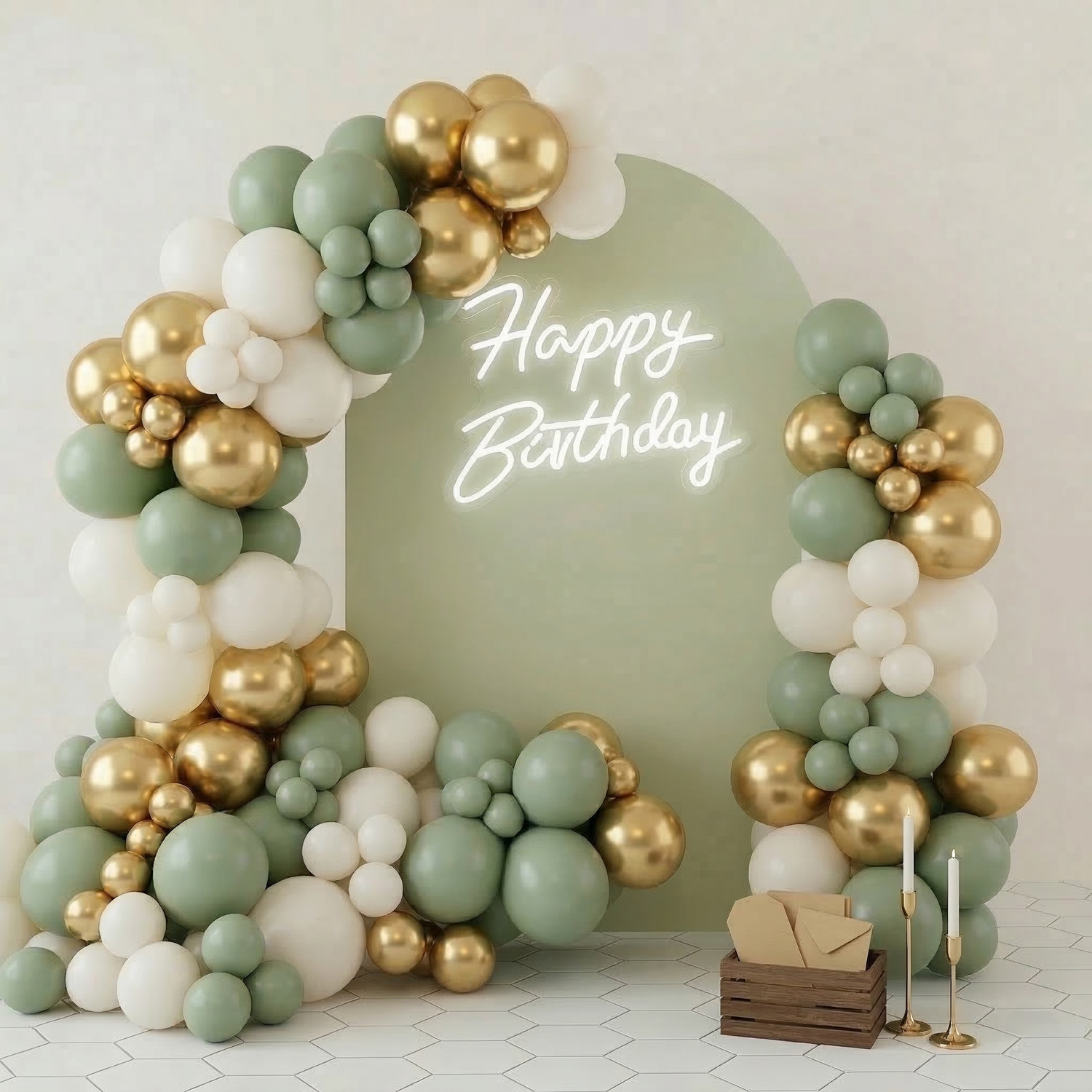 Méga Pack Anniversaire Bohème : Arche Vert Sauge (191 Pcs), Panneau Arqué & Néon