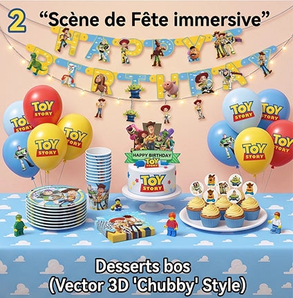 Mise en scène 3D d'une table de buffet d'anniversaire décorée avec la nappe nuage, les assiettes, gobelets, cupcakes et ballons Toy Story.