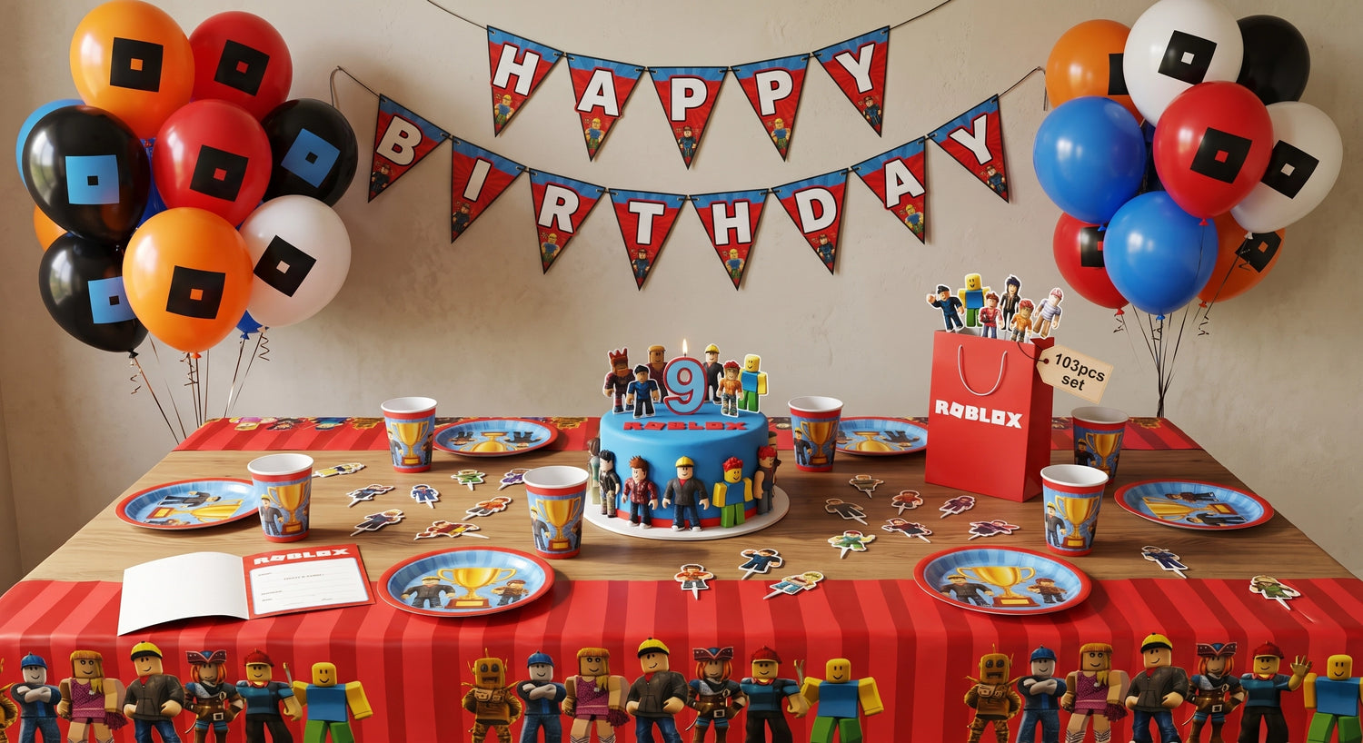 Un garçon s'apprête à souffler la bougie de son gâteau d'anniversaire lors d'une fête animée pour enfants, entouré de ses amis applaudissant, de décorations de ballons et d'affiches sur le thème de Roblox, et d'une grande pile de cadeaux.
